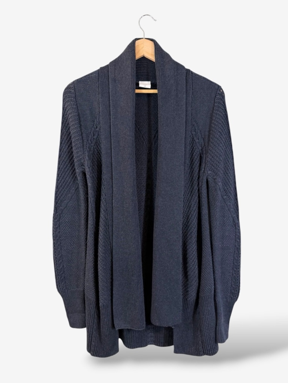 CAbi Blue Cable Knit Sweater Size M Countryside Mid Length Cardigan Minimalist